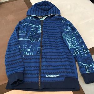 Desigual Boys Reversible Blue Print/Camo Hoodie Front Zipper & Pockets Sz 11/12
